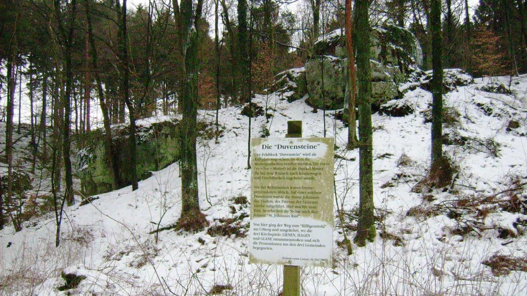 Foto der Duvensteine mit Informationstafel im Winter