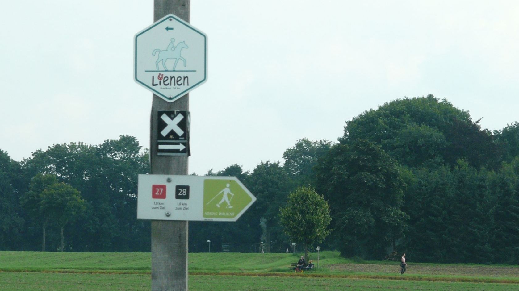 Hinweisschilder an Pfosten für Reitweg, Wanderweg und Walking