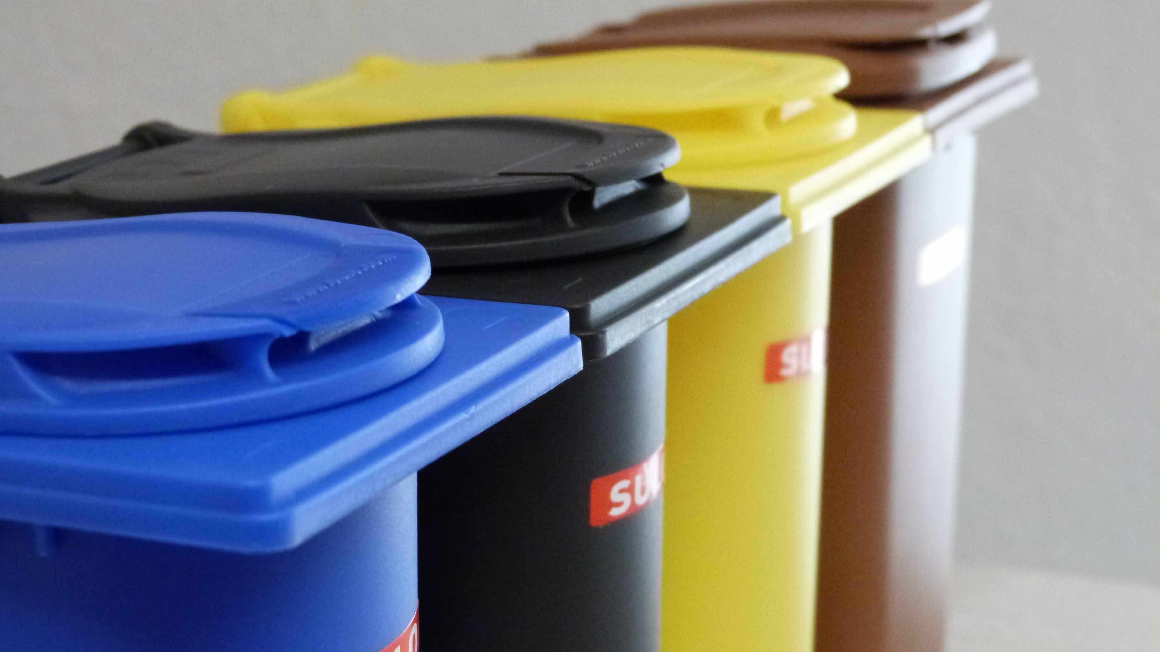 Symbolbild Müllabfallbehälter in Blau, Schwarz, Gelb und Braun